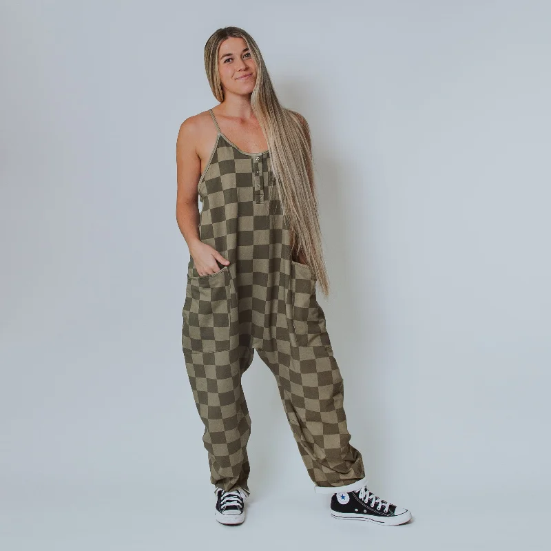Women's Tank Romper - Olive Mono Check Artistic Women's Avant - 