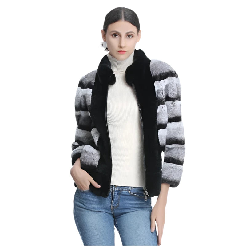 Women's Rex Rabbit Fur Genuine Leather Striped Pattern Winter Warm Jacket Classic Women's Tweed Women's Rex Rabbit Fur Genuine Leather Striped Pattern Winter Warm Jacket Classic Women's Tweed