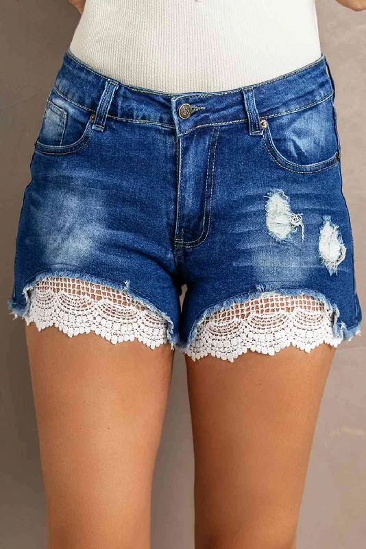 Spliced Lace Distressed Denim Shorts Gym