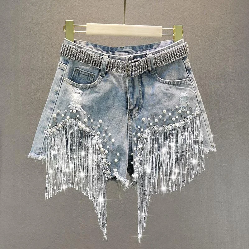 Disco Cowgirl Rhinestone Fringe Denim Shorts Scandinavian