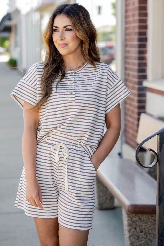 Striped Tri Button Relaxed Tee Sporty Women's Athleisure 