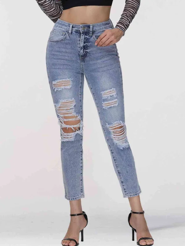 Distressed Skinny Cropped Jeans Sporty Women's Athleisure 