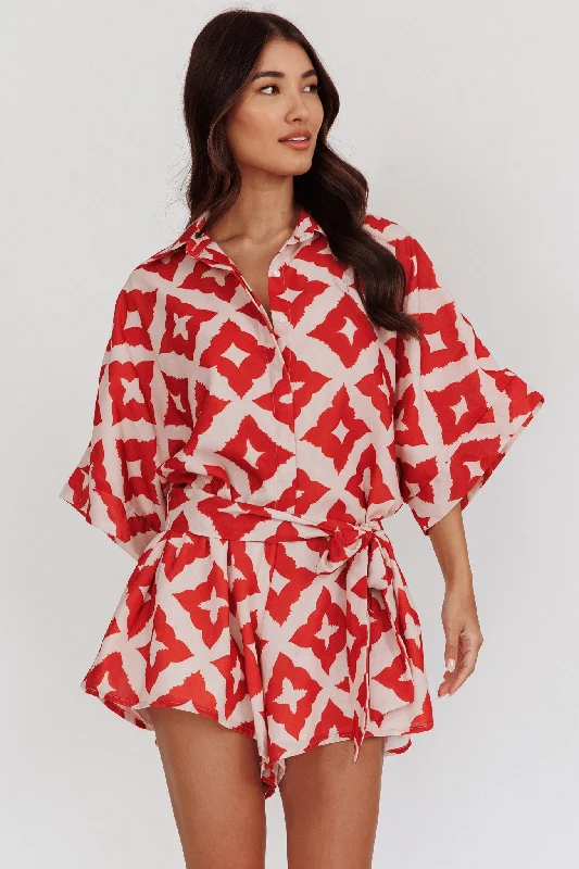Daytona Beach Button-Up Romper Print Burgundy Dapper Women's 1920S