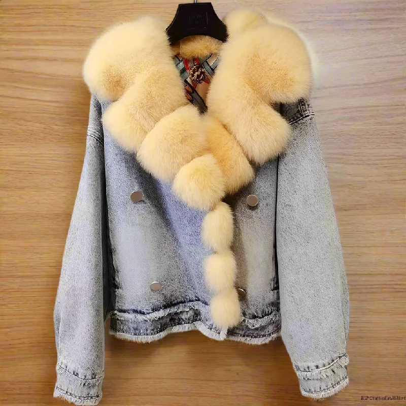 Women's Luxury Casual Warm Winter Denim Jacket with Real Fox Fur Collar Hip Women's Urban