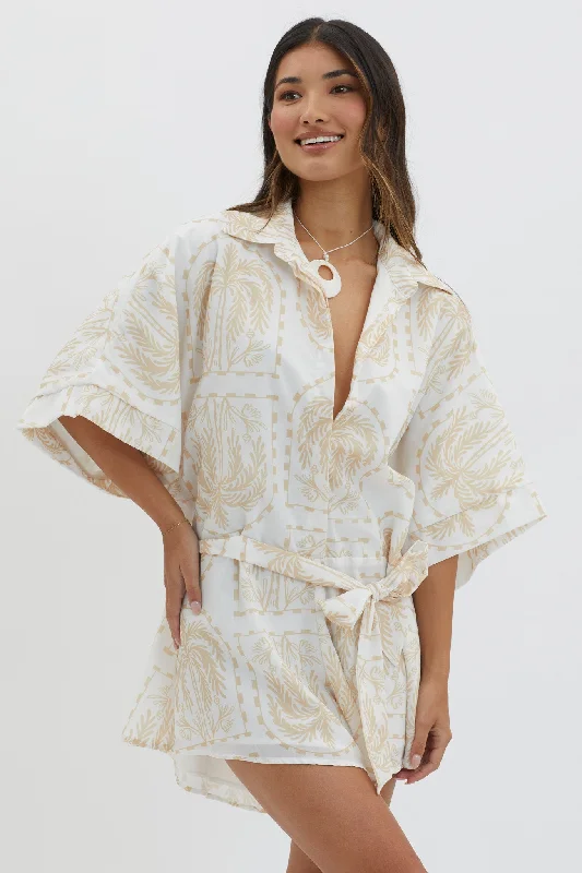 Daytona Beach Button-Up Romper Print Beige Unique Women's Upcycled