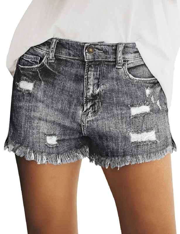 Women Summer High Waisted Sewn Cuffed Hem Buttons Denim Jean Shorts Luxurious Women's High -  end