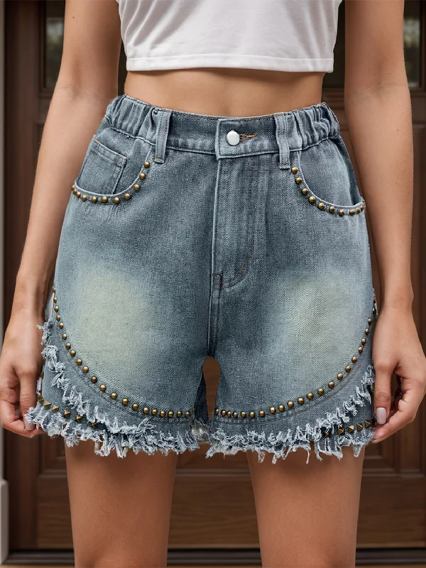 Raw Hem Studded Denim Shorts European