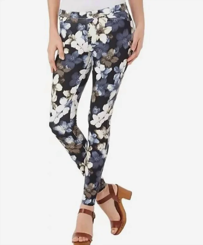 Floral Print Pull On Skinny Jeans In Multicolor Artistic Women's Hand - painted