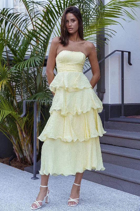 Giavana Strapless Layered Ruffles Midi Dress Lemon Laid - back Women's Style