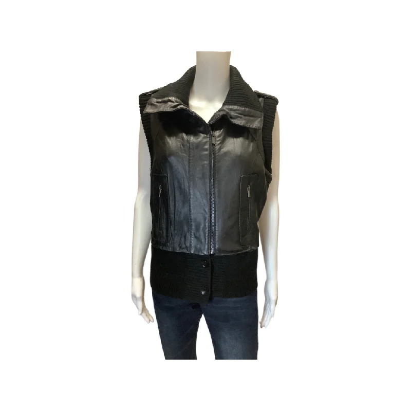 BCBGMAXAZRIA Black Leather Sweater Vest Jacket Size M