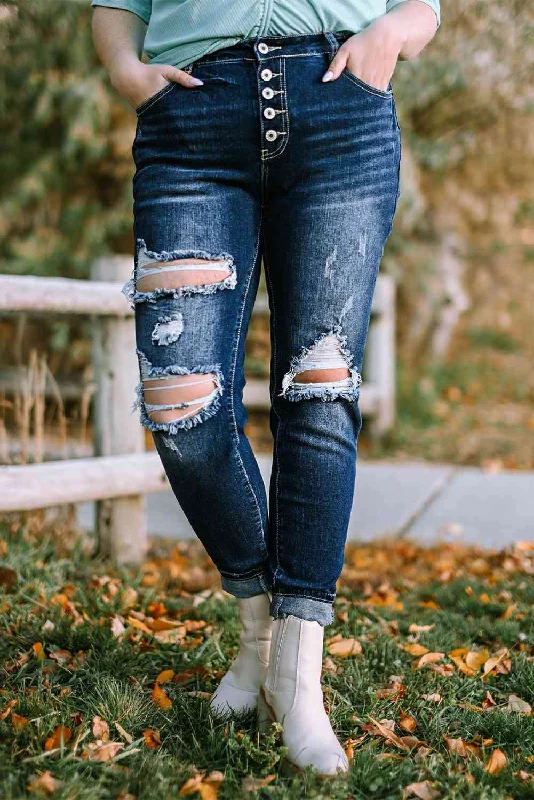 Plus Size Button Fly Distressed Jeans purpose