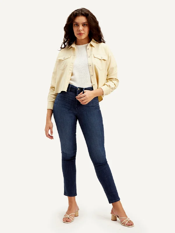 Women's Mid Rise Straight Fit Dark Blue Jeans Youthful Women's Pop