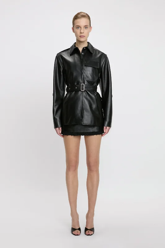 Belted Boxy Leather Jacket In Black British Gentlewoman Style