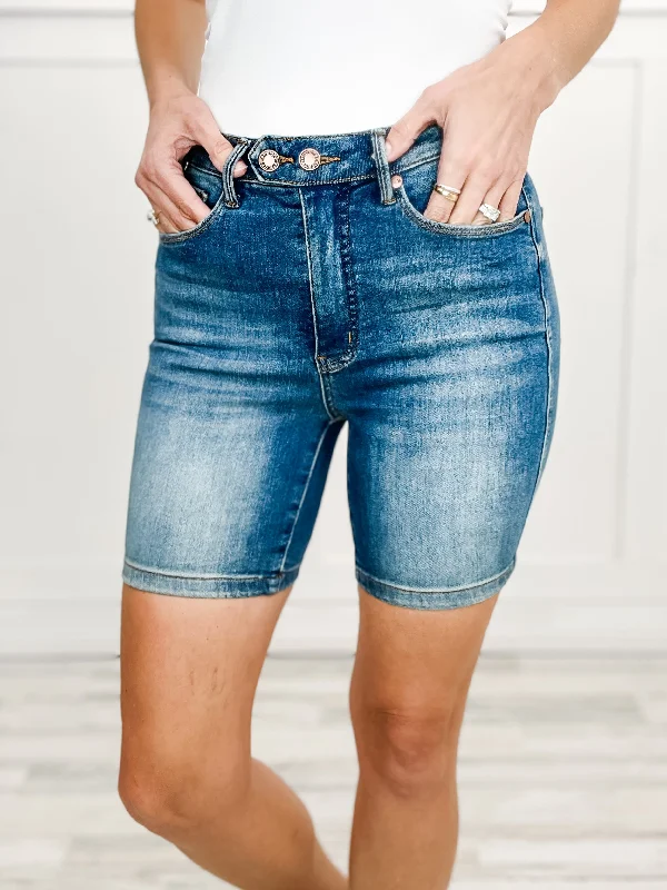 Judy Blue High Waist Tummy Control Double Button Bermuda Shorts Stylish Women's Tropical 