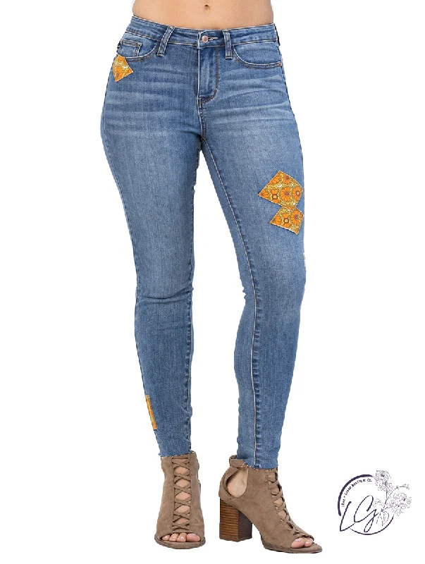 Sasha Mid-Rise 70's Patch Skinny by Judy Blue Geometric