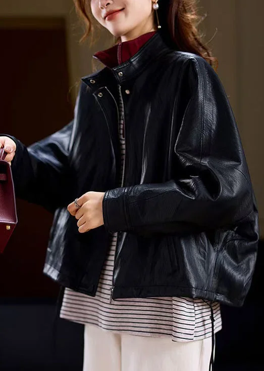 French Black Stand Collar Zip Up Faux Leather Coats Spring Athletic Women's High - 