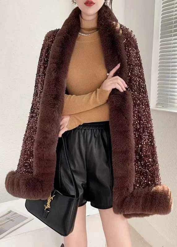 Women Coffee V Neck Sequins Patchwork Warm Fleece Coat Batwing Sleeve Practical Women's Multi - Women Coffee V Neck Sequins Patchwork Warm Fleece Coat Batwing Sleeve Practical Women's Multi -