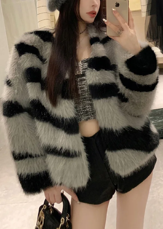 Women Grey V Neck Striped Fuzzy Fur Fluffy Coat Winter Monochromatic All - in - one