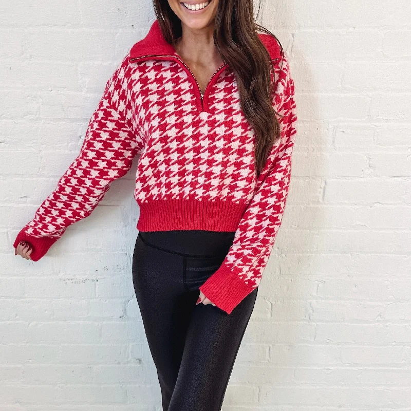 Houndstooth Half Zip - Red Refined Women's Classic 