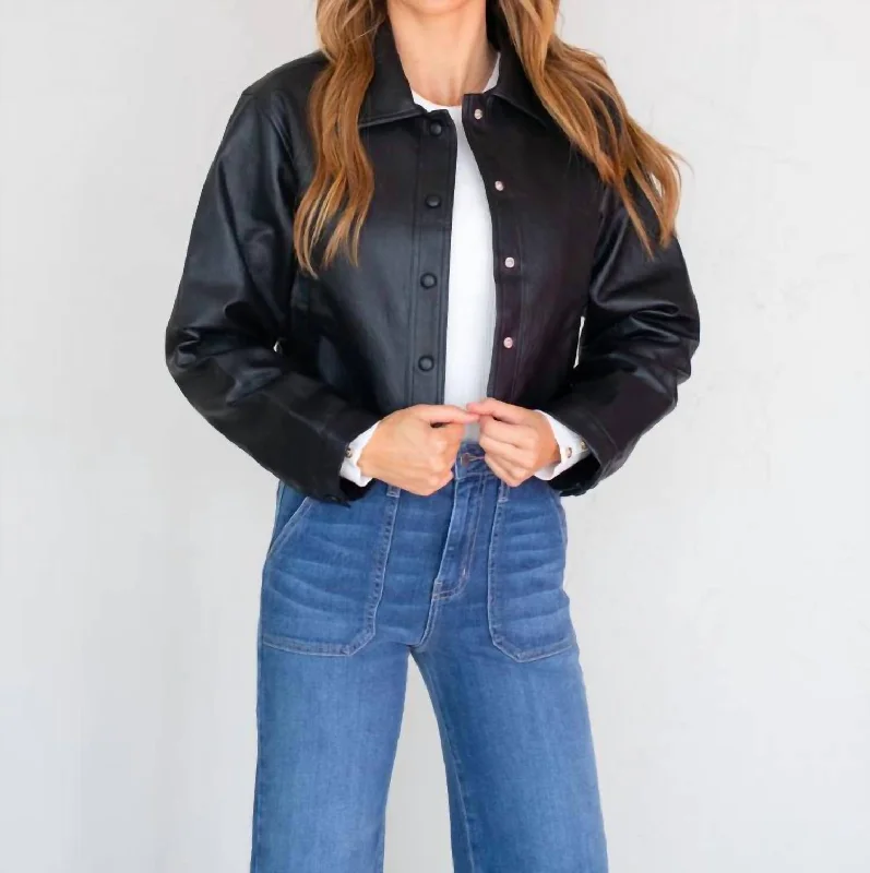 Evolving Vegan Leather Crop Shacket In Black Rugged Women's Outdoor 