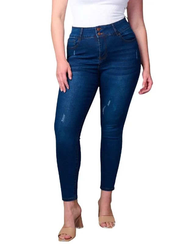 Plus Size Button Closure Distressed Skinny Jeans In Blue Business