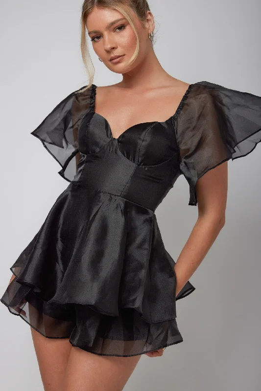 Aphrodite Angel Sleeve Layered Romper Black Monochromatic All - in - one