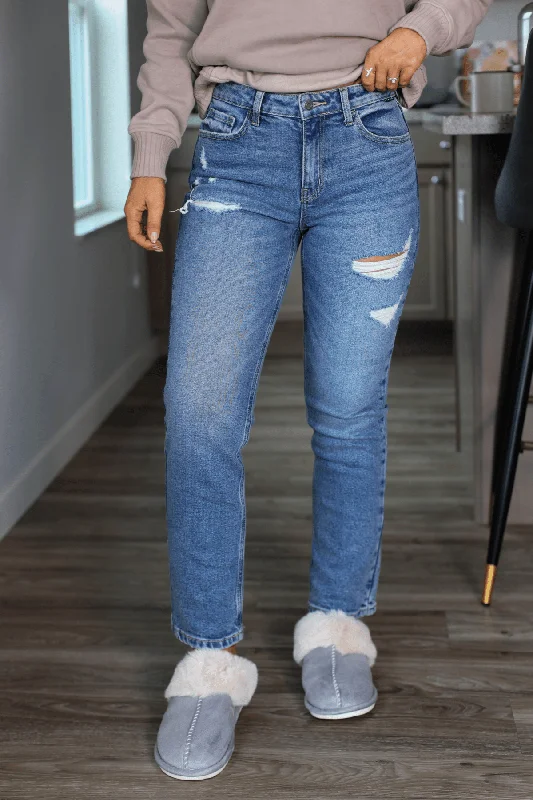 Medium Wash High Rise Distressed Straight Leg Jeans