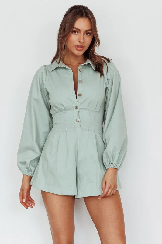 Zurich Pleated Waist Romper Sage Sophisticated Women's 