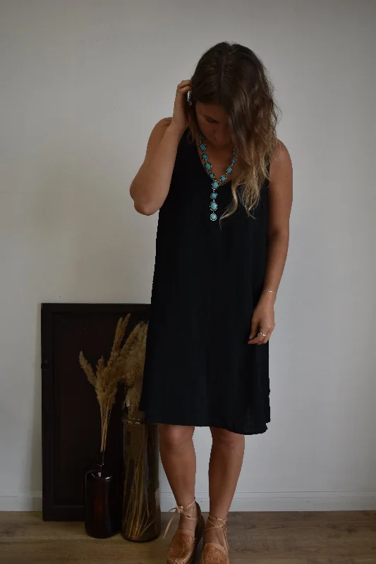 Black Textured Slip Dress Modern Women's 