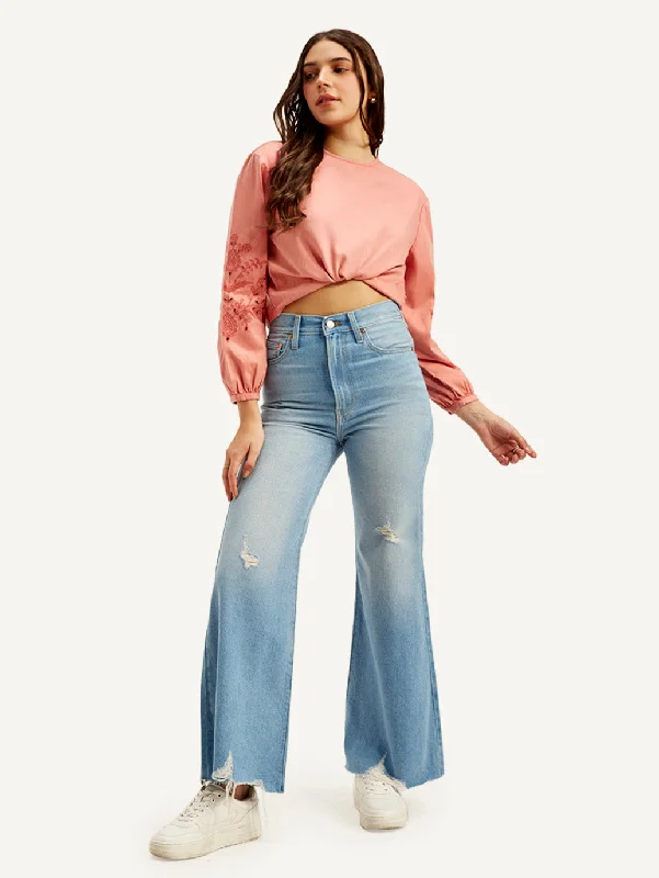Women's High Rise Ribcage Light Blue Bell Bottom Jeans Bold Women's Statement