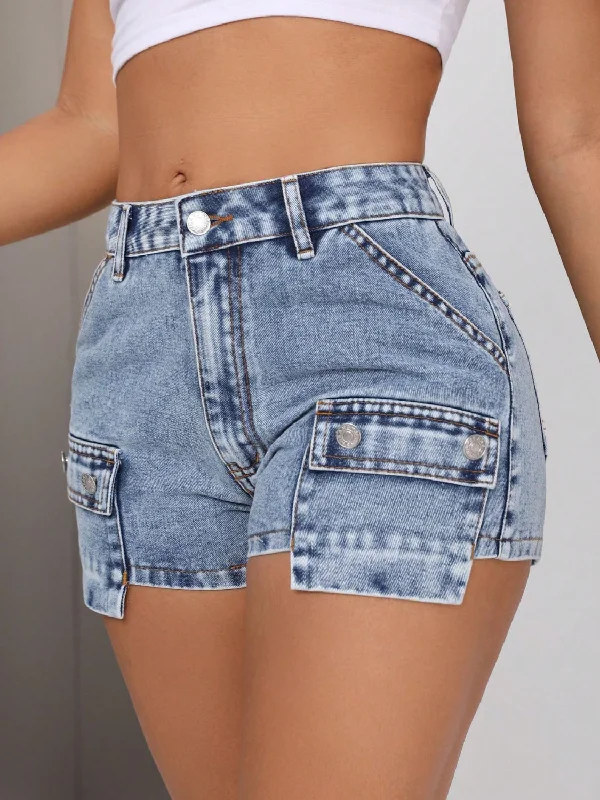 Mid-Rise Waist Denim Shorts with Pockets Tough Women's Military - inspired