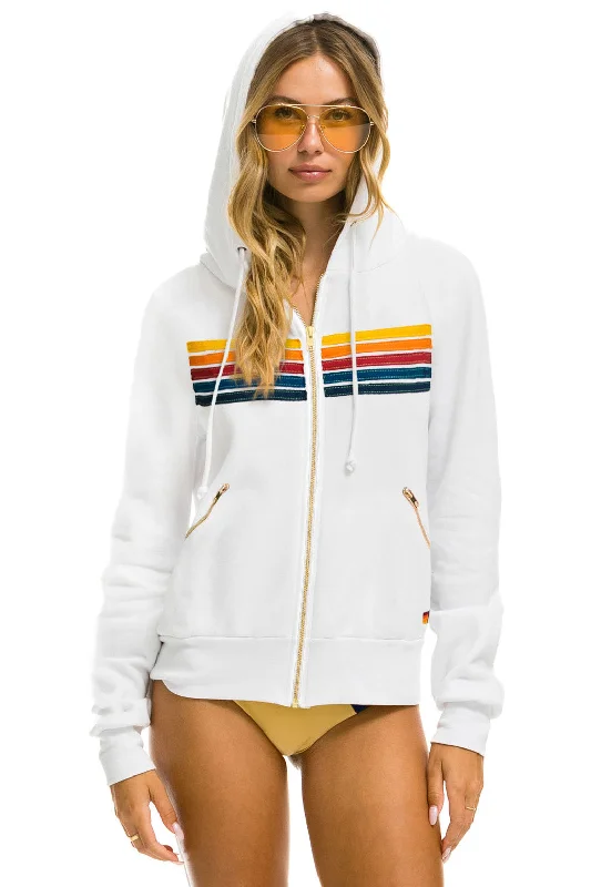 5 STRIPE ZIP HOODIE  W/ ZIP POCKETS - WHITE