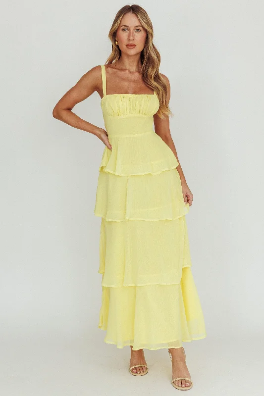 Provence Bloom Tiered Ruffle Maxi Dress Yellow Luxurious Women's High -  end