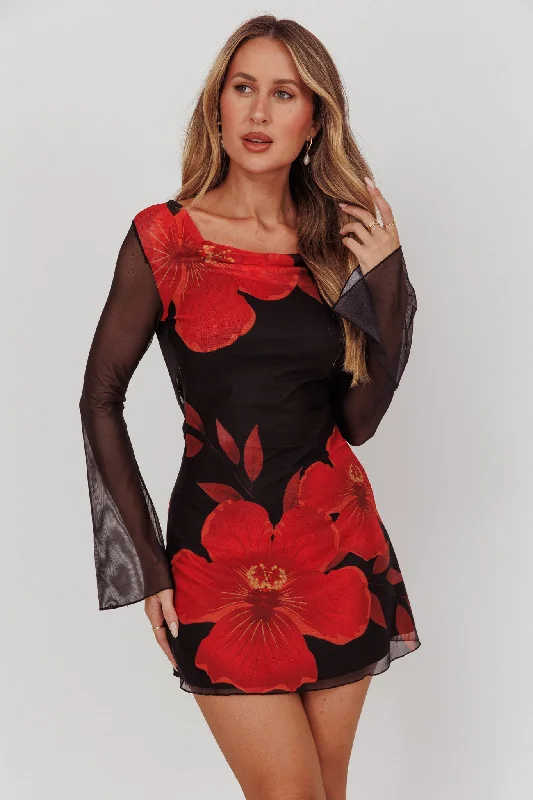 Isabella Long Sleeve Backless Mini Dress Hibiscus Black European