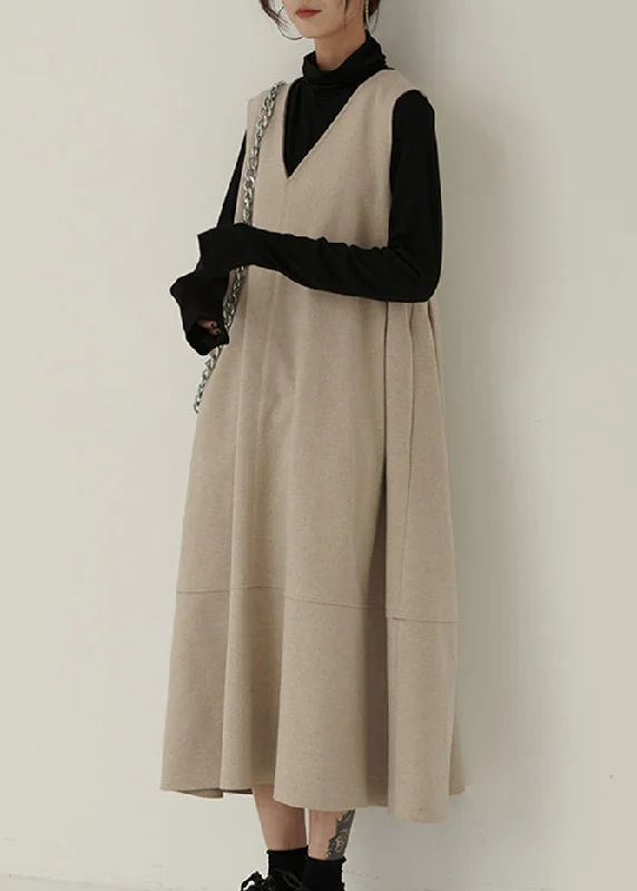 New Apricot V Neck Patchwork Woolen Waistcoat Long Dresses Sleeveless Monochromatic All - in - one