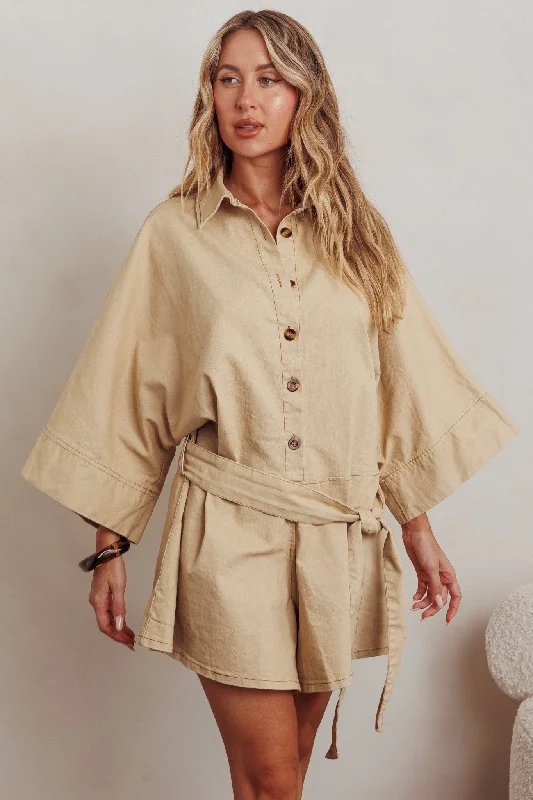 Daytona Beach Button-Up Romper Beige Refined Women's Velvet