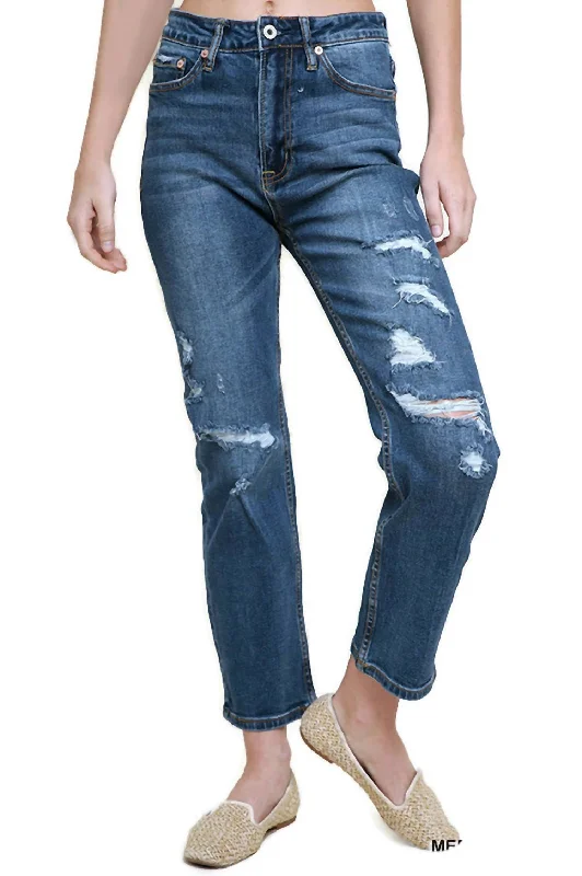 Distressed High Waist Straight Leg Jean In Medium Wash European