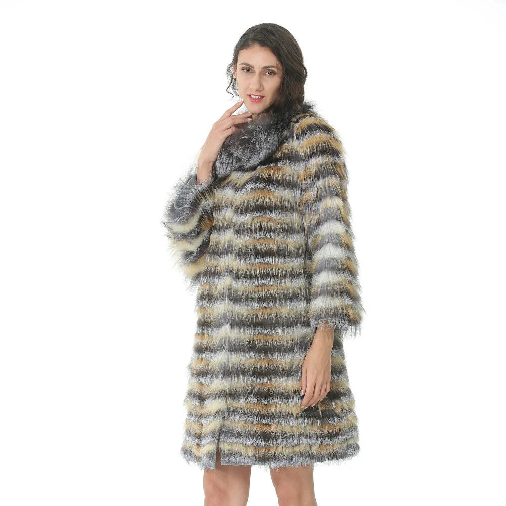 Women's Warm Luxury Knitted Real Fur Long Stripe Coat with Fox Fur Collar Modern Women's 