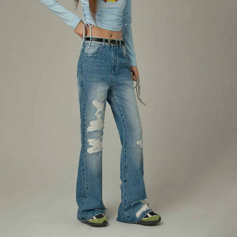Distressed Ripped Bootcut Denim Jeans Luxurious Women's High -  end