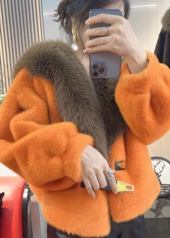 Beautiful Orange Fur Collar Leather And Fur Coats Winter Tough Women's Military - inspired Beautiful Orange Fur Collar Leather And Fur Coats Winter Tough Women's Military - inspired