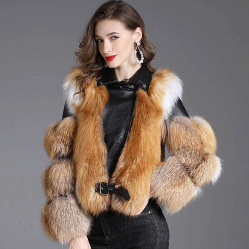 Women's Luxury Black Brown Winter Real Fox Fur Genuine Sheepskin Leather Jacket French Women's Luxury Black Brown Winter Real Fox Fur Genuine Sheepskin Leather Jacket French