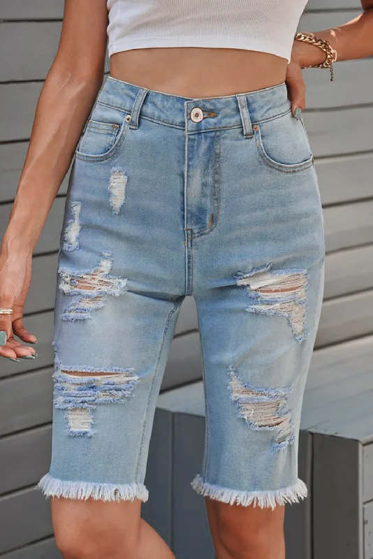 Distressed Raw Hem Denim Bermuda Shorts Disco