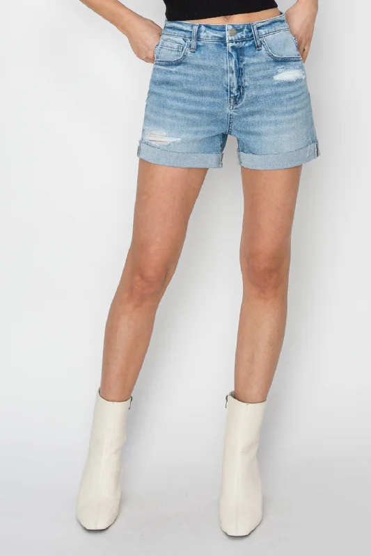 RISEN Distressed Mid-Rise Waist Denim Shorts Minimalist Women's Casual