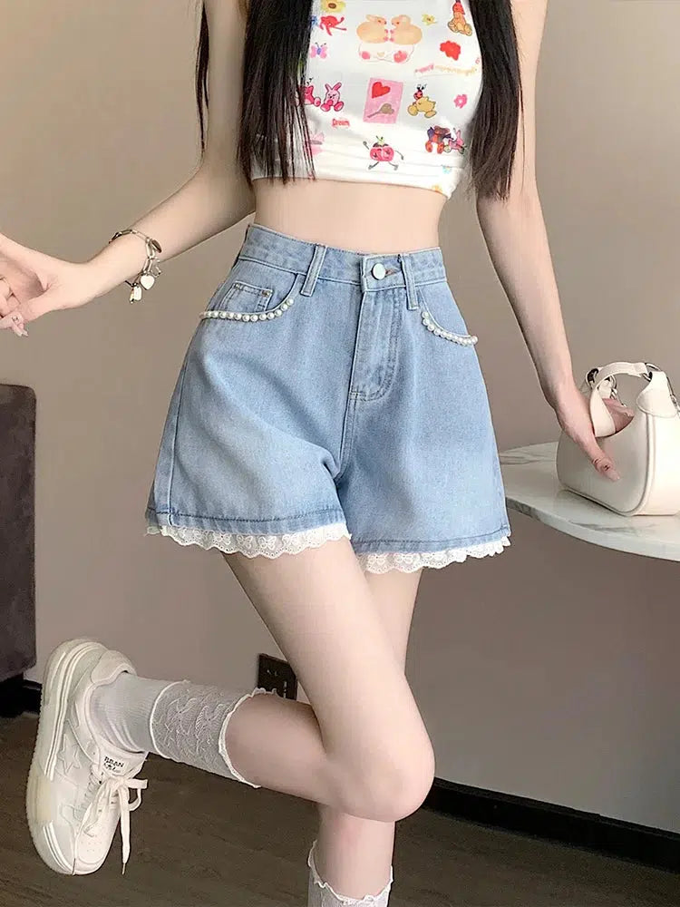 Lace Wide Leg Denim Shorts Hip Women's Retro