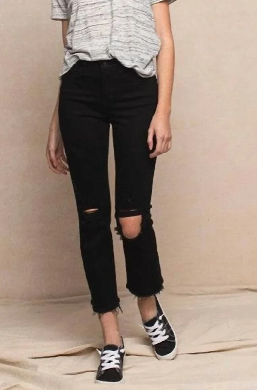 Straight Leg High Rise Distressed Raw Hem Jeans In Black Unique Women's Upcycled
