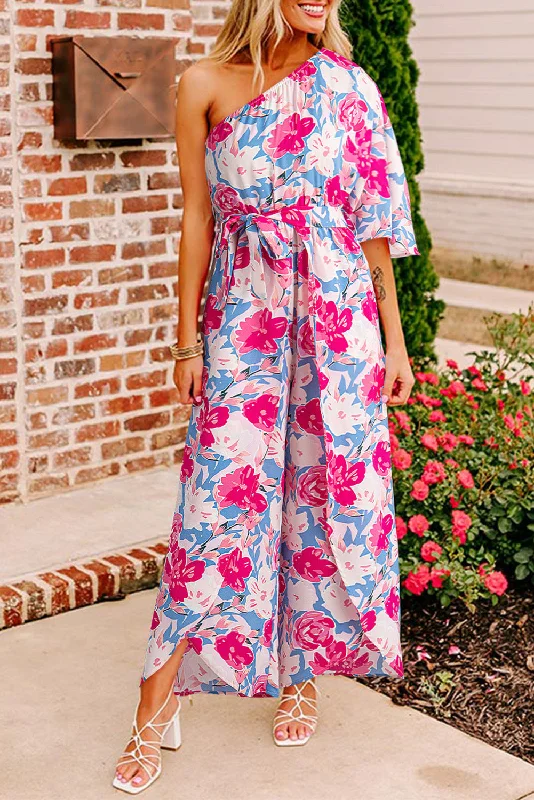 Pink Floral Print Asymmetrical Neckline Single Shoulder Half Sleeve Belted Jumpsuit Hip Women's Retro