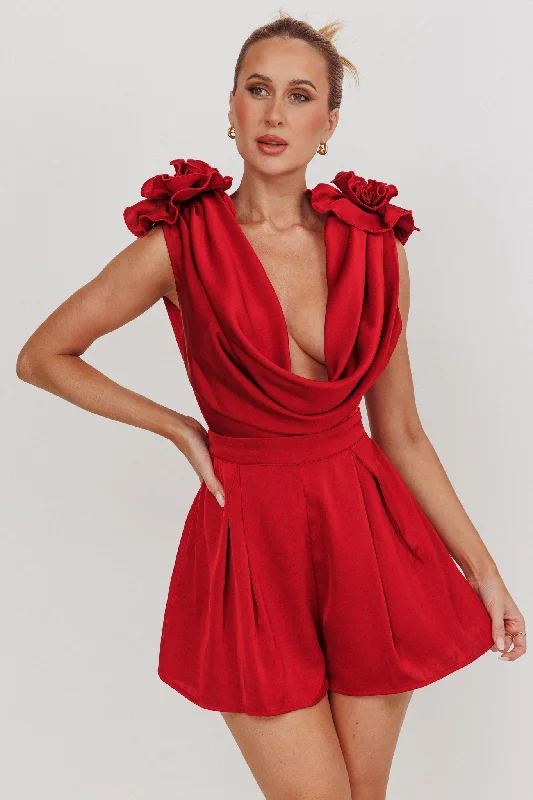 Superstar Draped Cowl Neck Rosettes Romper Wine British Gentlewoman Style