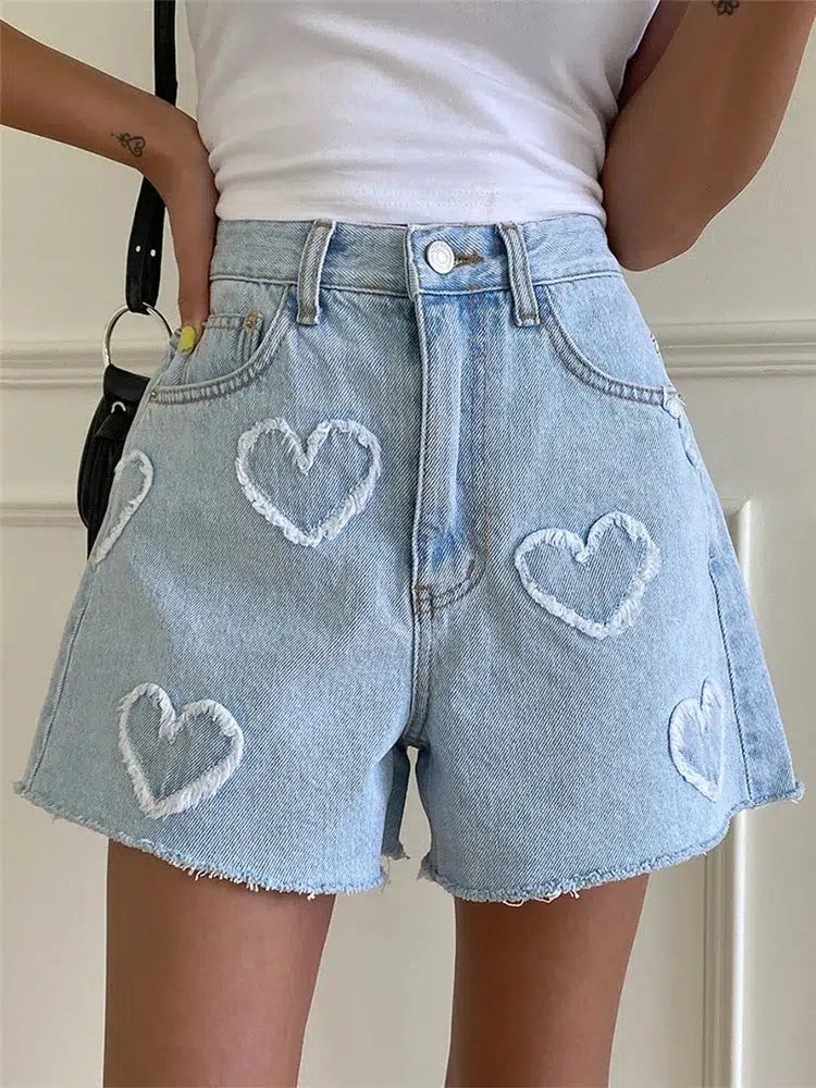 Soft Girl Heart Patch Denim Shorts Modern Women's 