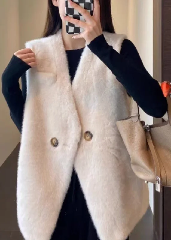 Simple Beige V Neck Button Fluffy Waistcoat Sleeveless purpose