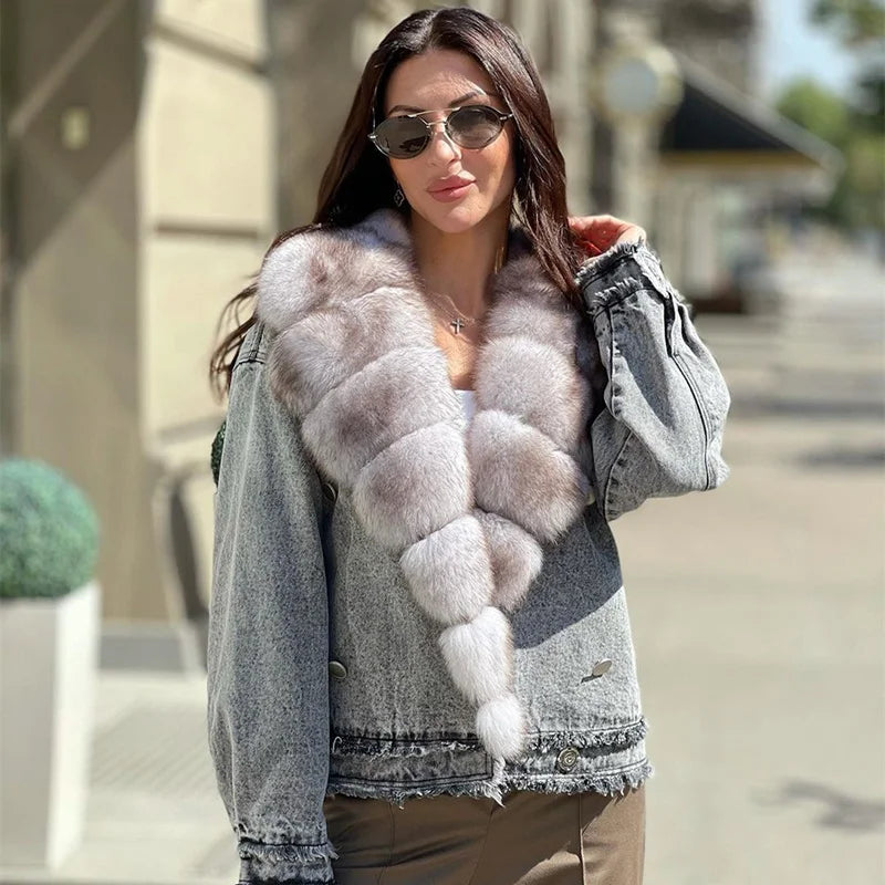 Winter Warm Full Pelt Real Fox Fur Collar Denim Jacket for Women Monochromatic All - in - one